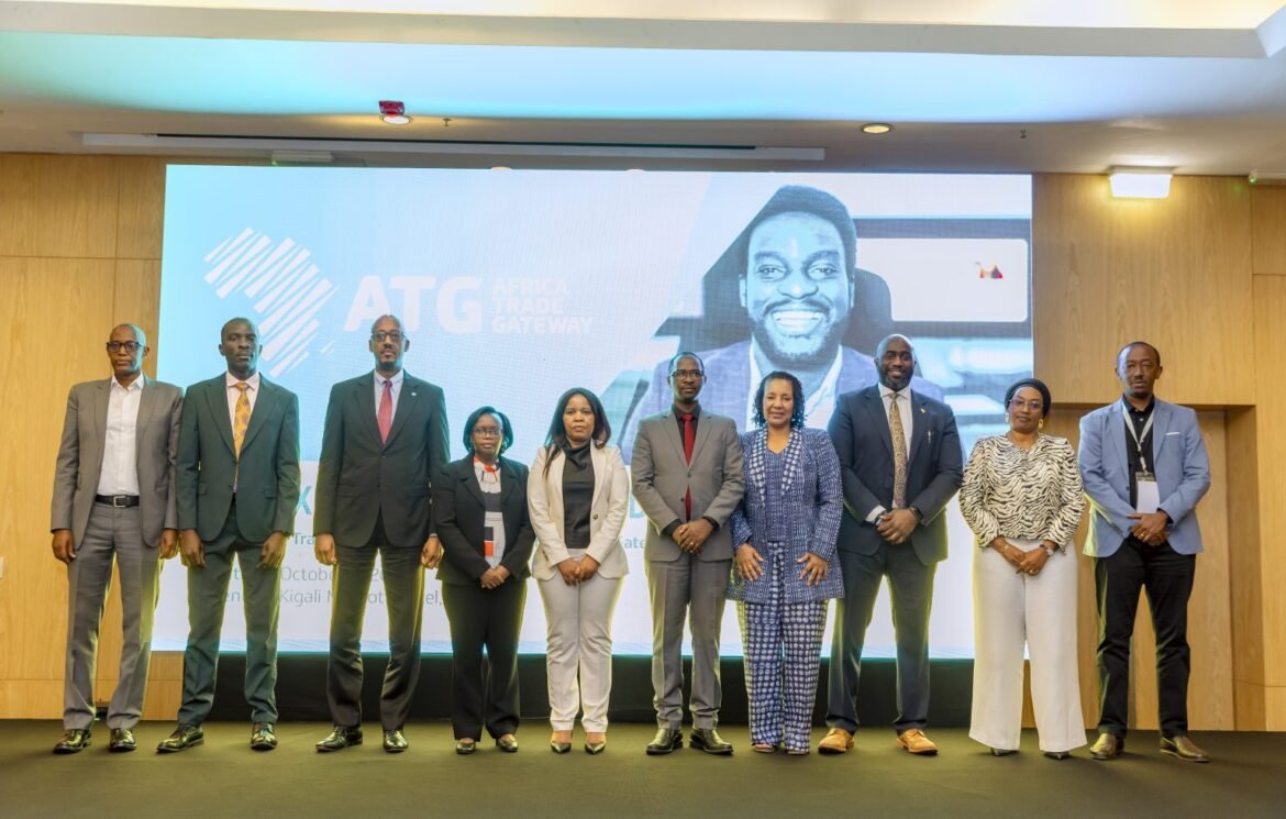 ATG Officials and stakeholders pose for a group photo during the launch of the Africa Trade Gateway (ATG) national adoption awareness initiative in Kigali, Rwanda.